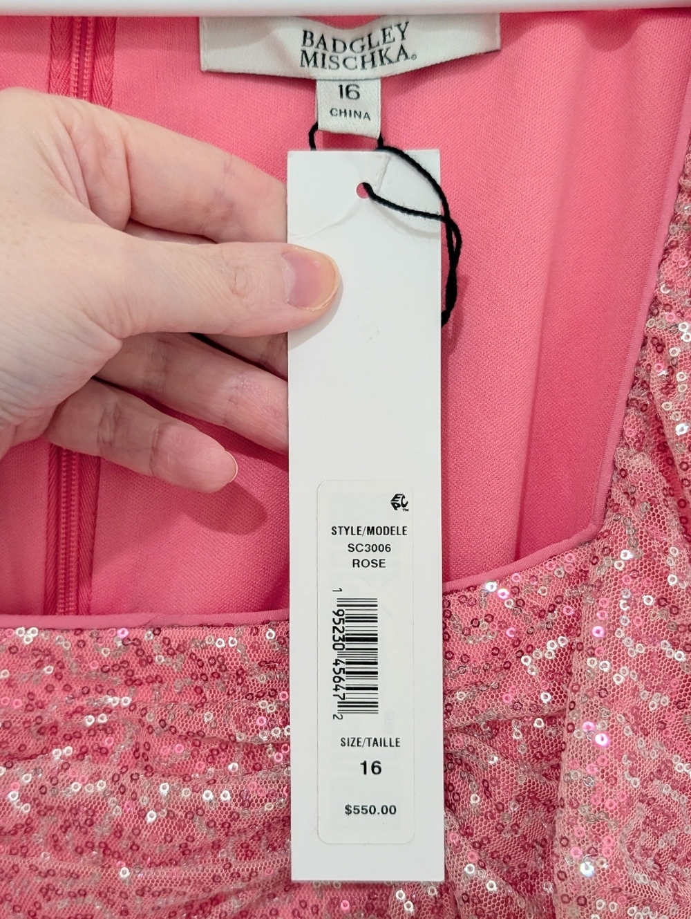 Badgley Mischka Light Pink Sequin Square Neck Ruched Cocktail Midi Dress 16 NWT - Picture 11 of 13